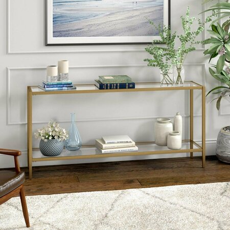 HUDSON & CANAL 64 in. Hera Rectangular Console Table with Glass Shelf, Brushed Brass AT1549